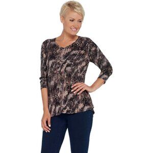 H by Halston Top, Printed Black, Blush & Gray V-Neck Ruching at Shoulder Size L